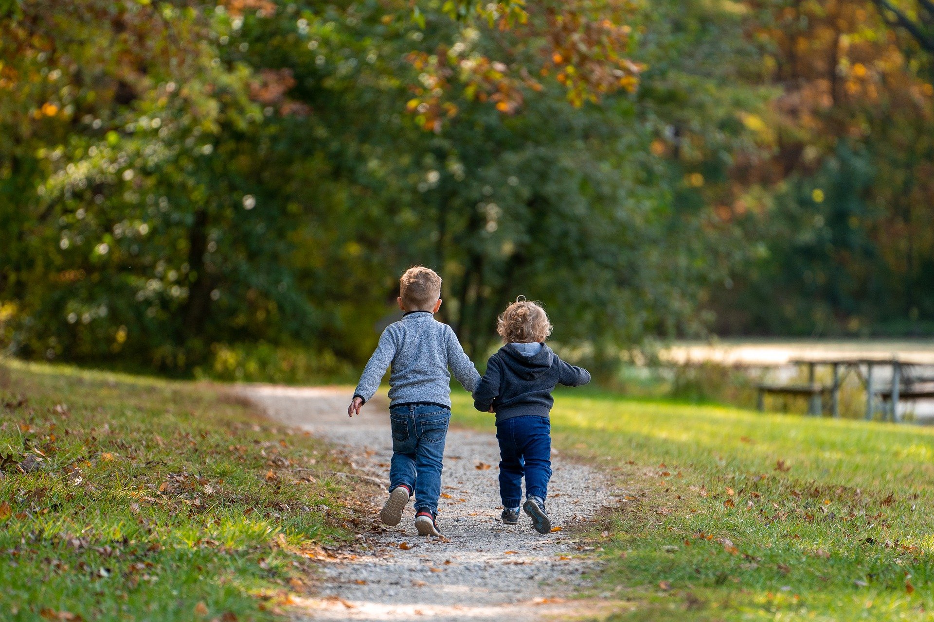 2 Kinder laufen auf einem Waldweg und halten sich an den Händen